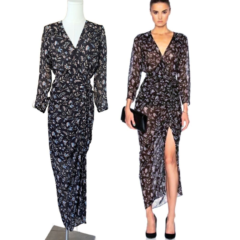VERONICA BEARD Merril Black Floral 100% Silk Ruched Asymmetric Maxi Dress Size 4